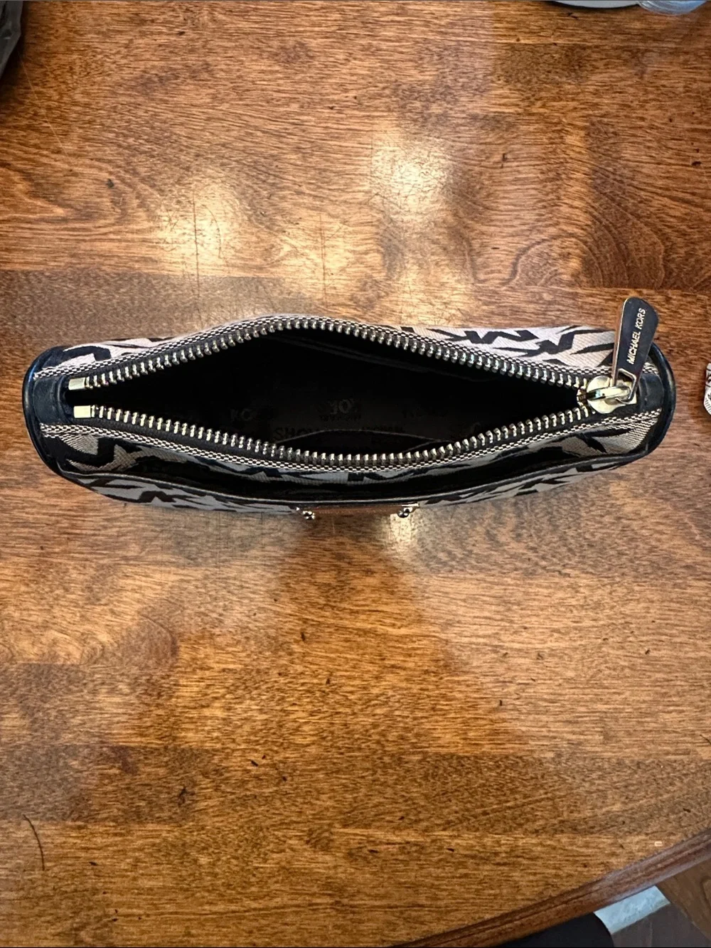 Michael Kors Black and Beige MK Signature Zip Toiletry Pouch